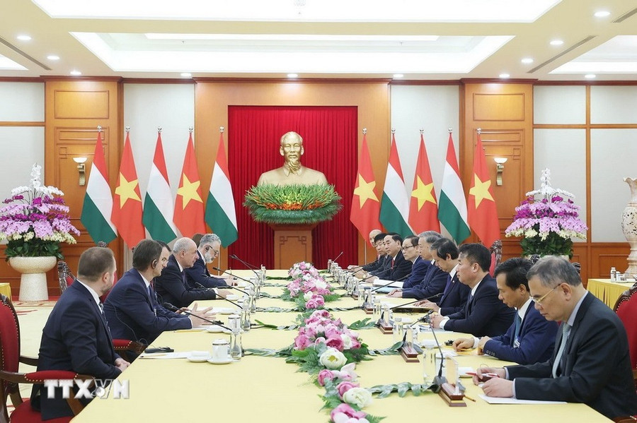 Tổng Bí thư Tô Lâm tiếp Tổng thống Hungary Sulyok Tamas thăm chính thức Việt Nam. (Ảnh: Thống Nhất/TTXVN)