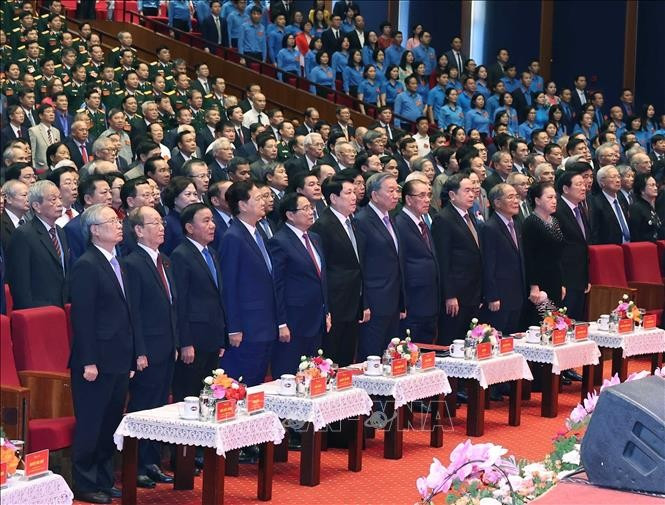 Tổng Bí thư Tô Lâm và các lãnh đạo, nguyên lãnh đạo Đảng, MM88b nạp rút nhanh cùng các đại biểu dự Lễ kỷ niệm 80 năm thành lập Chính phủ. Ảnh: Thống Nhất/TTXVN