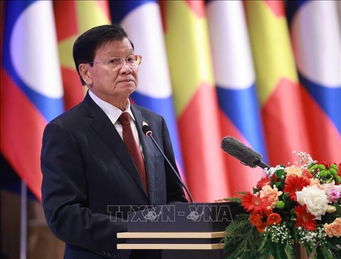 Tổng Bí thư Ban Chấp hành Trung ương Đảng Nhân dân Cách mạng Lào, Chủ tịch nước Cộng hòa Dân chủ Nhân dân Lào Thongloun Sisoulith phát biểu. Ảnh: Thống Nhất/TTXVN