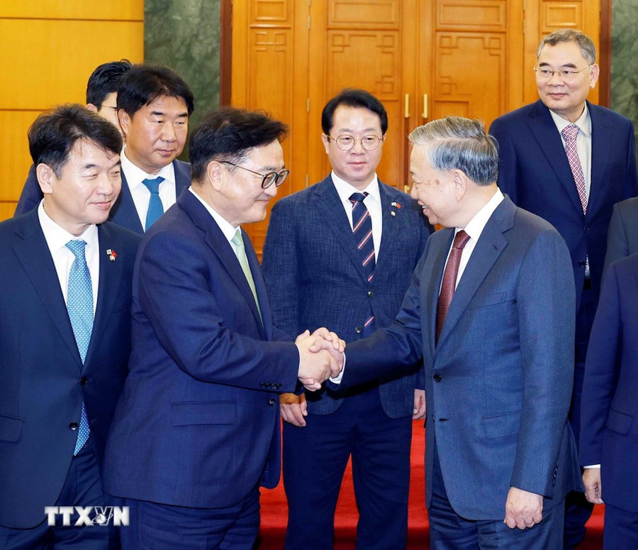 Tổng Bí thư Tô Lâm tiếp Chủ tịch Quốc hội Đại Hàn Dân Quốc Woo Won Shik. (Ảnh: Thống Nhất/TTXVN)