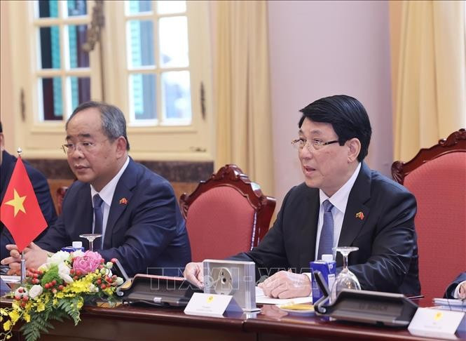 Chủ tịch nước Lương Cường phát biểu tại hội đàm.