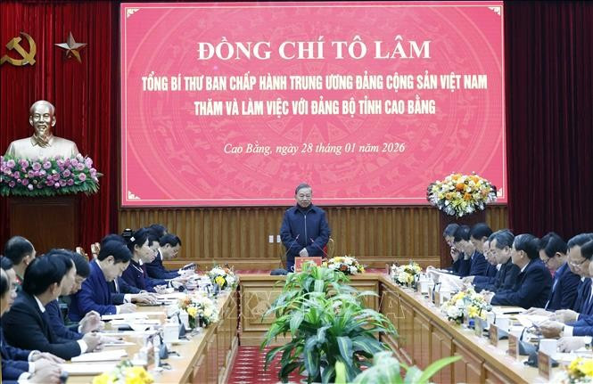 Tổng Bí thư Tô Lâm phát biểu tại buổi làm việc với Ban Chấp hành Đảng bộ tỉnh Cao Bằng. Ảnh: Thống Nhất/TTXVN Tổng Bí thư Tô Lâm phát biểu tại buổi làm việc với Ban Chấp hành Đảng bộ tỉnh Cao Bằng. Ảnh: Thống Nhất/TTXVN