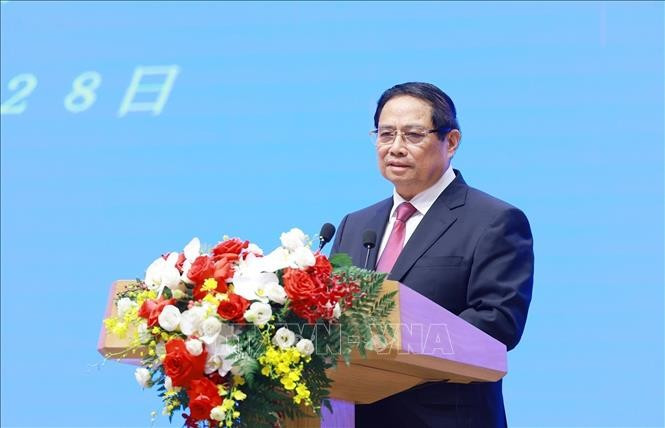 Thủ tướng Phạm Minh Chính phát biểu với báo chí hai nước. (Ảnh: Dương Giang/TTXVN) Thủ tướng Phạm Minh Chính phát biểu với báo chí hai nước. (Ảnh: Dương Giang/TTXVN)