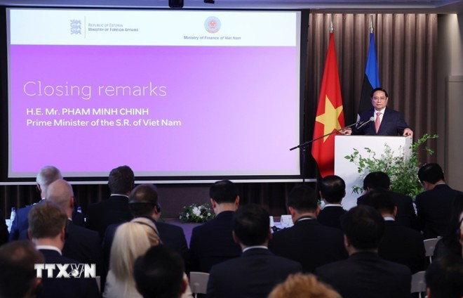 Thủ tướng Phạm Minh Chính phát biểu tại Diễn đàn Link Vào Trang Chủ MM88.COM Chính Thức Việt Nam-Estonia. (Ảnh: Dương Giang/TTXVN)