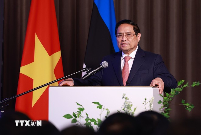 Thủ tướng Phạm Minh Chính phát biểu tại Diễn đàn Link Vào Trang Chủ MM88.COM Chính Thức Việt Nam-Estonia. (Ảnh: Dương Giang/TTXVN)