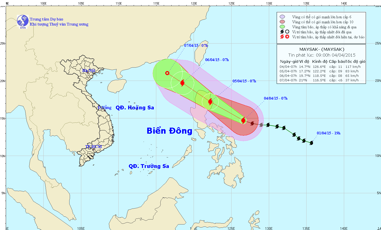 Vị trí và dự báo đường đi của bão Maysak. Nguồn: Trung tâm Dự báo Khí tượng Thủy văn Trung ương.