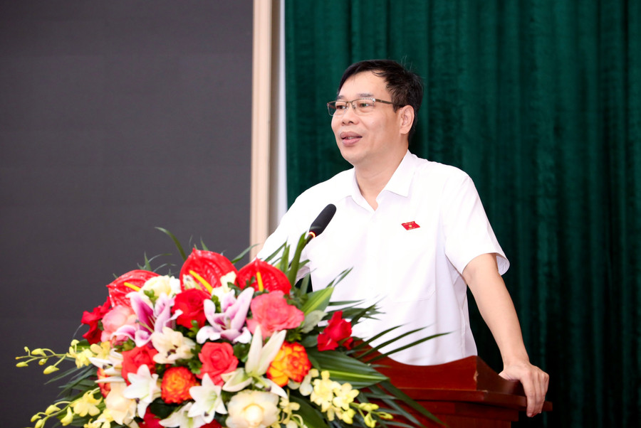 Ông Đỗ Đức Hồng Hà, Phó Chủ nhiệm Uỷ ban Pháp luật và Tư pháp của Quốc hội báo cáo tại buổi tiếp xúc cử tri. img-4736.jpg