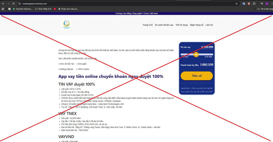 Website giả mạo Trường Cao đẳng Công nghệ Y - Dược Việt Nam.