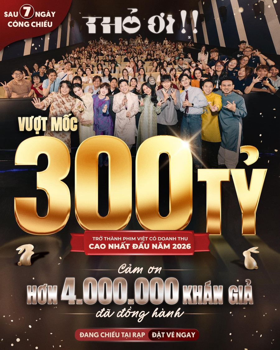 Bộ phim Thỏ Ơi của Trấn Thành chính thức vượt mốc 300 tỷ, trở thành phim Việt có doanh thu cao nhất đầu năm 2026. tran-thanh.jpg