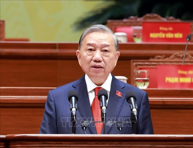Tổng Bí thư Tô Lâm thay mặt Ban Chấp hành Trung ương Đảng khóa XIV phát biểu ý kiến. Ảnh: TTXVN