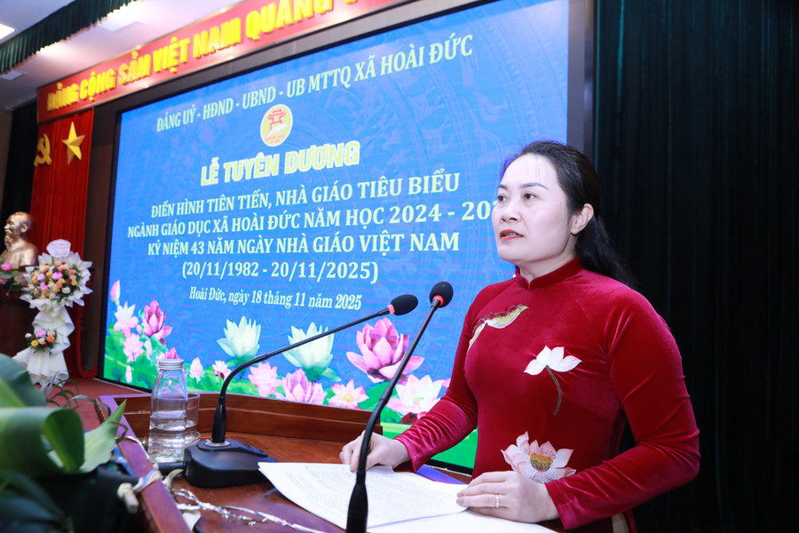 Bà Đồng Thị Nga nêu bật một số kết quả nổi bật của ngành Giáo dục xã Hoài Đức năm học vừa qua. hd-2.jpg