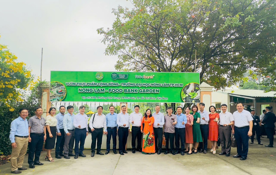 Các đại biểu tham quan khu vực vườn thực phẩm cộng đồng tại Trường ĐH Nông Lâm TPHCM. Ảnh: BTC.
