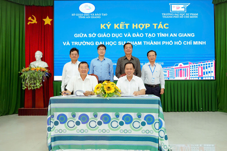 Lễ ký kết hợp tác giữa Trường MM888 bảo mật tuyệt đối Sư phạm TPHCM và Sở GD&ĐT An Giang. Ảnh: HCMUE. 