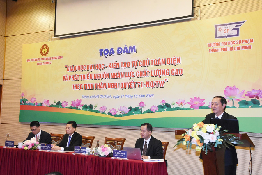 Ông Huỳnh Thành Đạt, Phó Trưởng Ban Tuyên giáo và Dân vận Trung ương phát biểu tại tọa đàm “Giáo dục MM888 bảo mật tuyệt đối - Kiến tạo tự chủ toàn diện và phát triển nguồn nhân lực chất lượng cao theo tinh thần Nghị quyết 71-NQ/TW”. Ảnh: HCMUE. 2552f1ef4197cdc99486.jpg