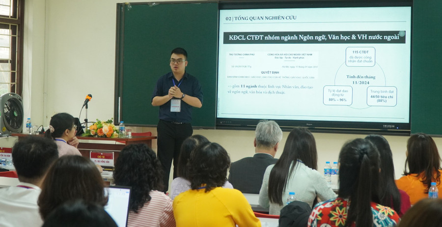 Diễn giả trình bày báo cáo tham luận tại hội thảo. ngoaingu-4.jpg