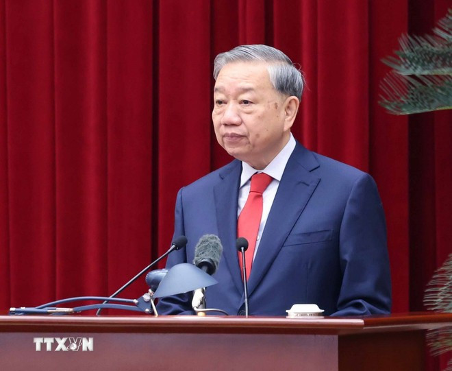 Tổng Bí thư Tô Lâm phát biểu khai mạc Hội nghị lần thứ hai Ban Chấp hành Trung ương Đảng khóa XIV. Ảnh: Thống Nhất/TTXVN