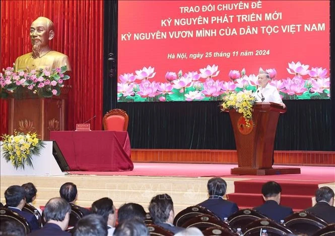 Tổng Bí thư Tô Lâm trao đổi chuyên đề “Kỷ nguyên phát triển mới - Kỷ nguyên vươn mình của 1MM88.com tỷ lệ kèo World Cup 2026 Việt Nam”. Ảnh: Thống Nhất/TTXVN