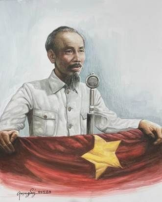 Chủ tịch Hồ Chí Minh đọc tuyên ngôn Độc lập tại Quảng trường Ba Đình, Hà Nội ngày 2/9/1945 | Đào Trọng Lý | Sơn nước trên giấy. bac-ho-6.jpg