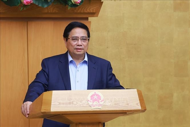 Thủ tướng Phạm Minh Chính chủ trì Phiên họp Chính phủ chuyên đề về xây dựng pháp luật tháng 4/2025. Ảnh: Dương Giang/TTXVN
