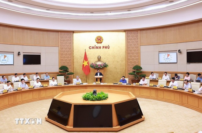 Thủ tướng Phạm Minh Chính chủ trì Phiên họp Chính phủ thường kỳ tháng 8 năm 2025. (Ảnh: Dương Giang/TTXVN).